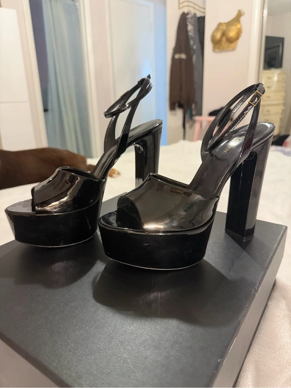Saint Laurent Black Patent Leather Platform Open-Toe Sandals